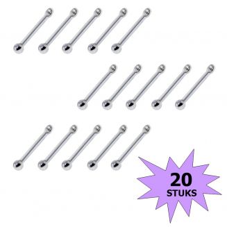 Fako Bijoux® - Neuspiercing - Stud - Staafje RVS - Staal - 2mm - Zilverkleurig - 20 Stuks