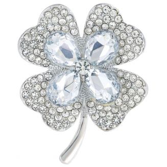 Fako Bijoux® - Broche - Klavertje Vier - Transparant - 40x51mm - Zilverkleurig