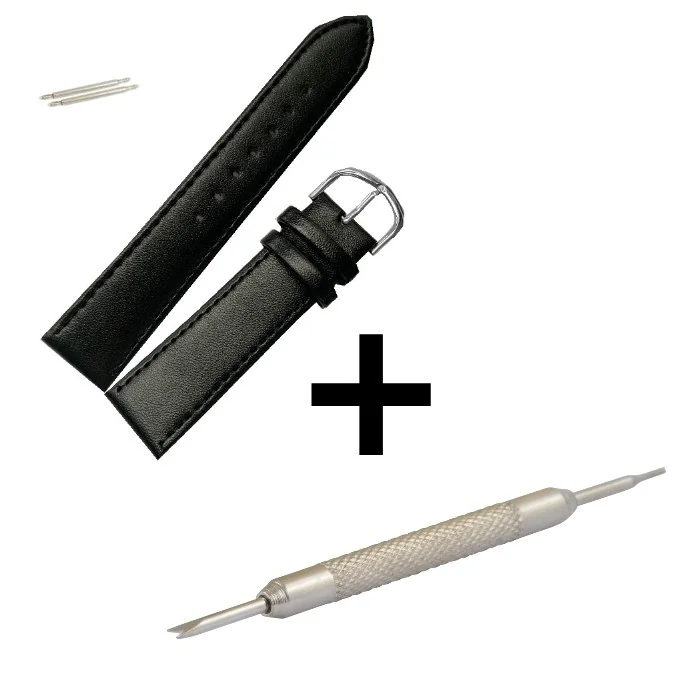 Fako - Horlogebandje - Echt Leer - 20mm - Zwart - Met Montagetool