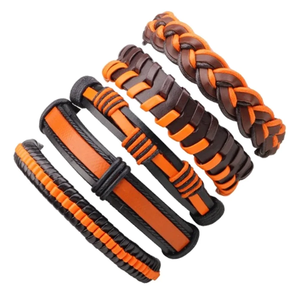 Fako Bijoux - Armband - Leder - Set Deluxe - 5 Stuks - Bruin/Oranje