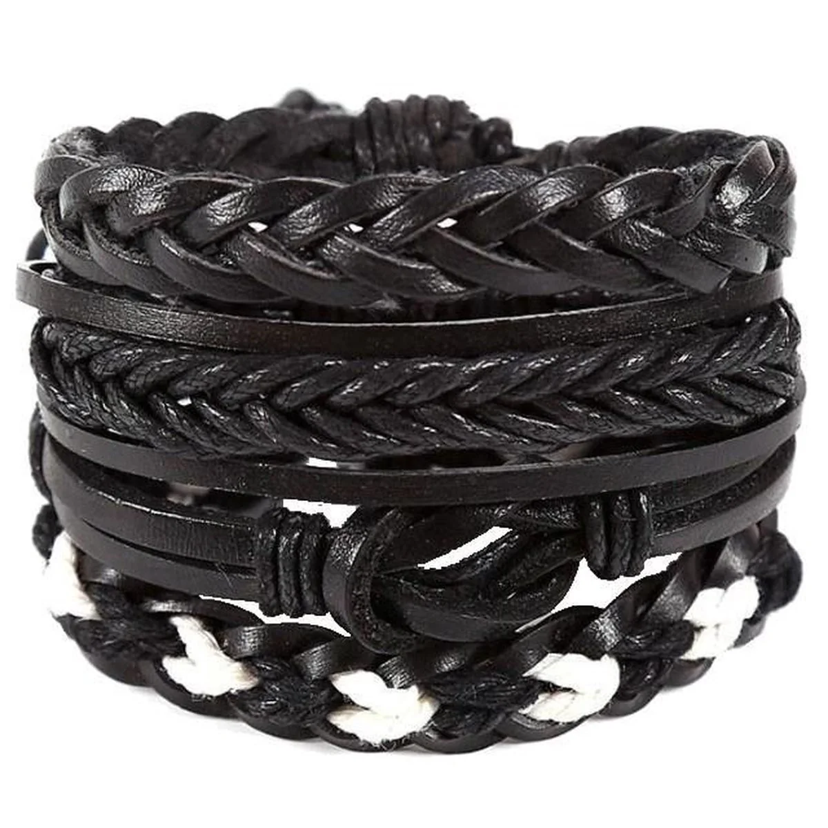 Fako Bijoux - Armband - Leder - Set Paco - 4 Stuks - Zwart
