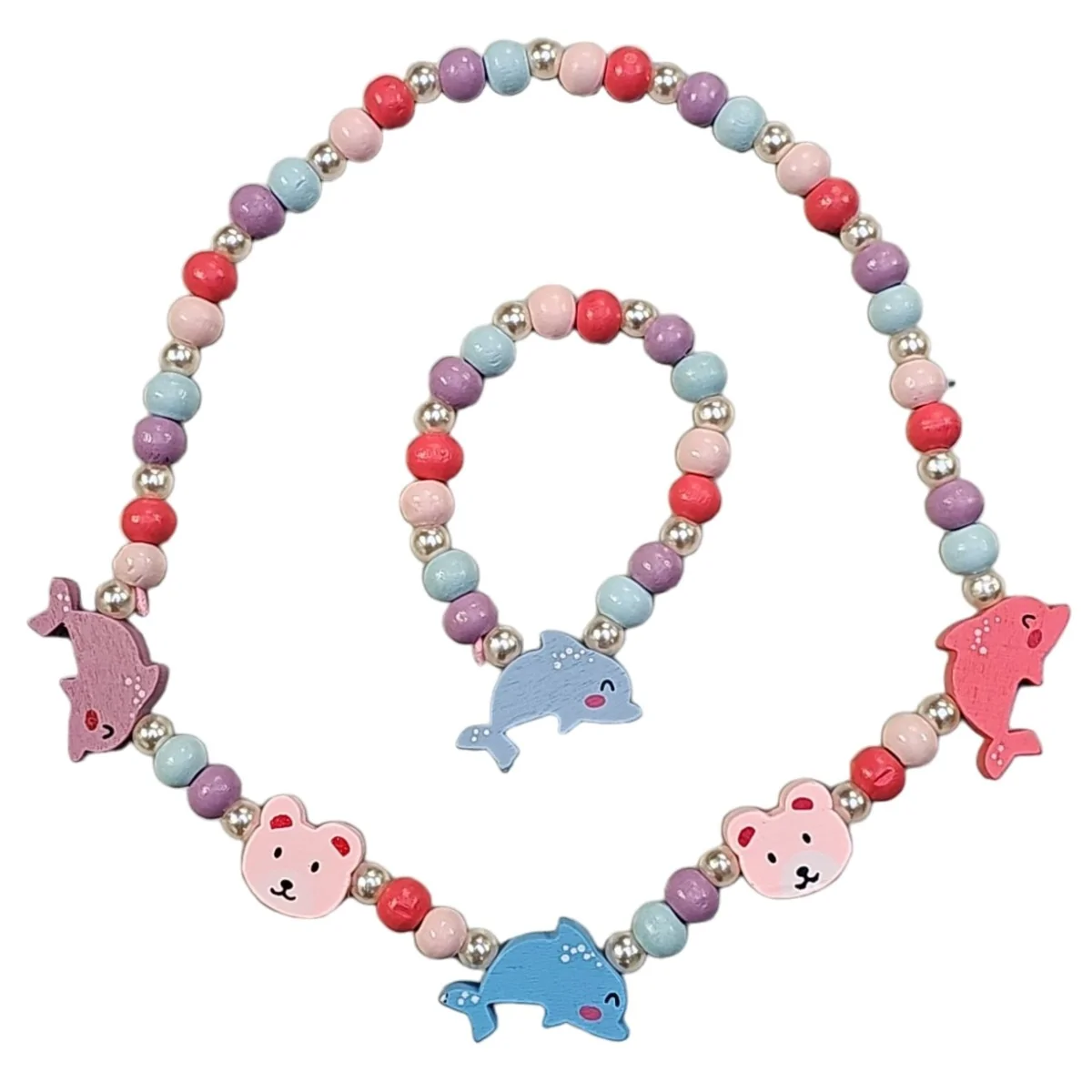 Fako Bijoux - Kinderketting en Armband - Hout - Dolfijntjes & Beertjes