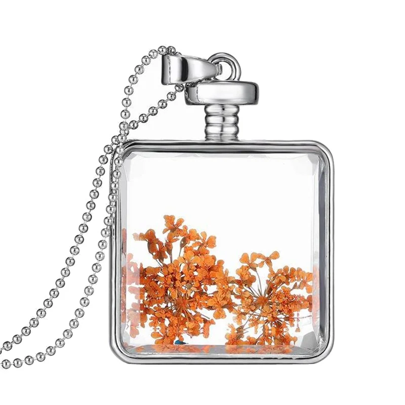 Fako Bijoux - Ketting - Gedroogde Bloem - Vierkant - Zilverkleurig - Oranje