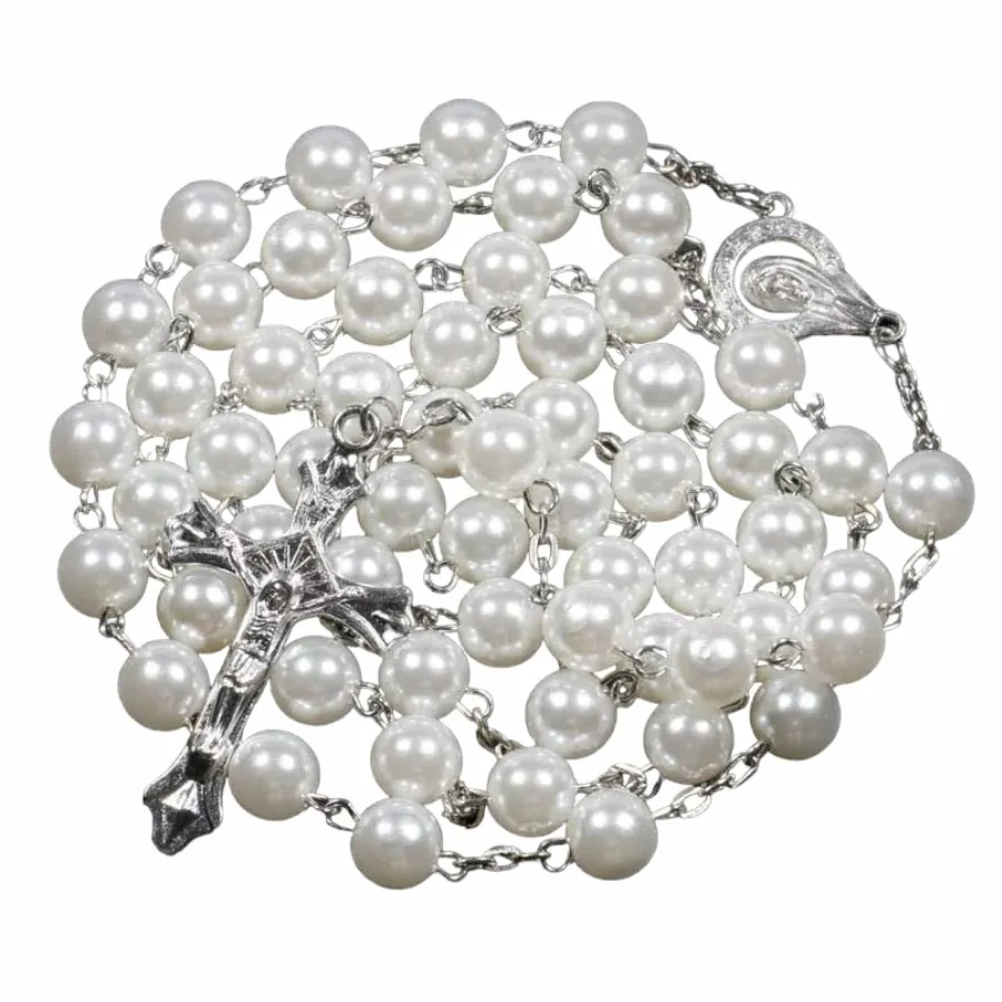 Fako Bijoux - Rozenkrans Ketting - Acryl - 8mm - Wit/Parelmoer