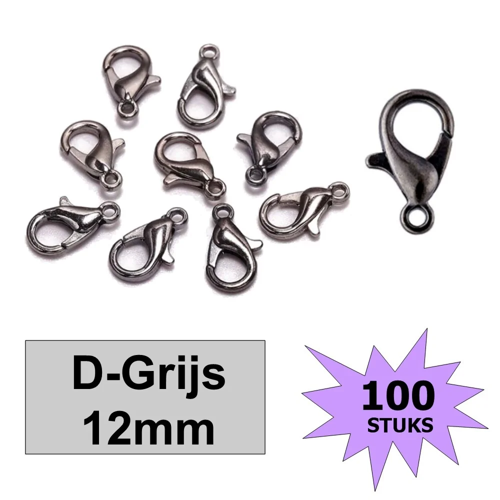 Fako Bijoux - Karabijn Sluitingen - Gun Metal - 12mm - 100 Stuks