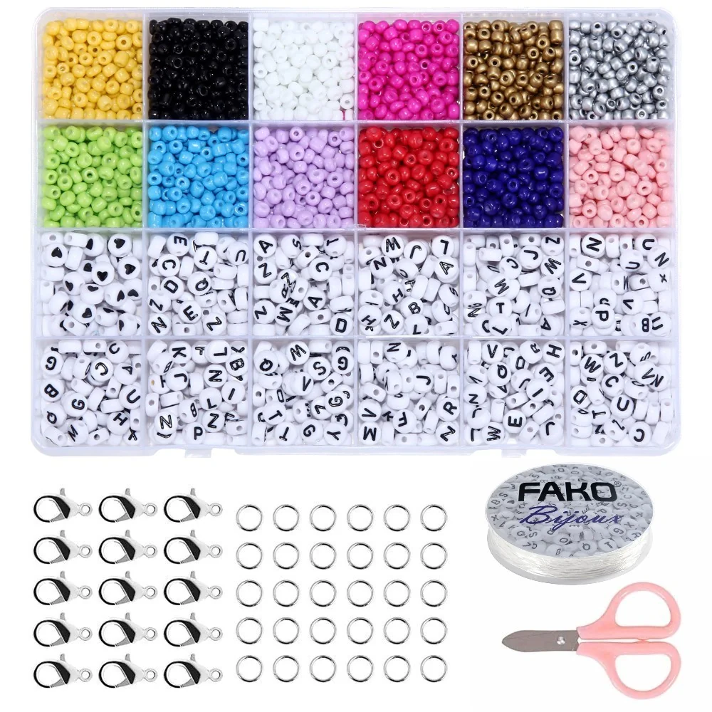 Fako Bijoux - DIY Kralen Set - Letterkralen & Glaskralen - Glas Zaad Kralen -  Sieraden Maken - 4mm - 3600 Stuks - Wit