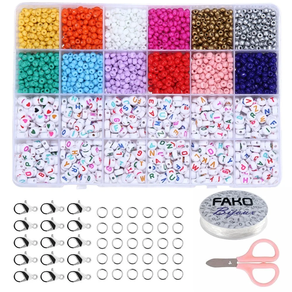 Fako Bijoux - DIY Kralen Set - Letterkralen & Glaskralen - Glas Zaad Kralen -  Sieraden Maken - 4mm - 3600 Stuks - Regenboog