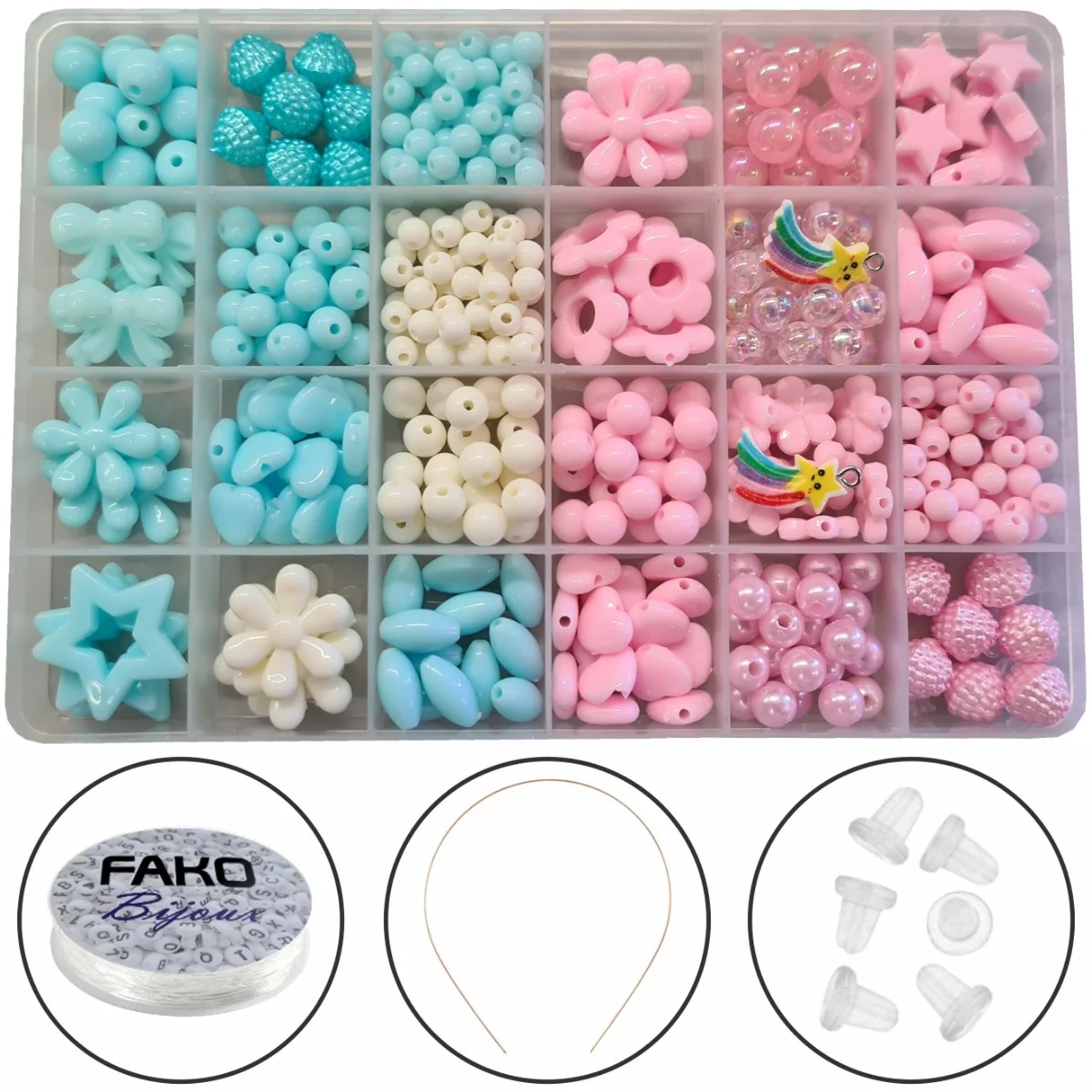 Fako Bijoux - Kralen Set Pastel - Acryl - Sieraden Maken - Box - 400 Stuks - Blauw/Wit/Roze