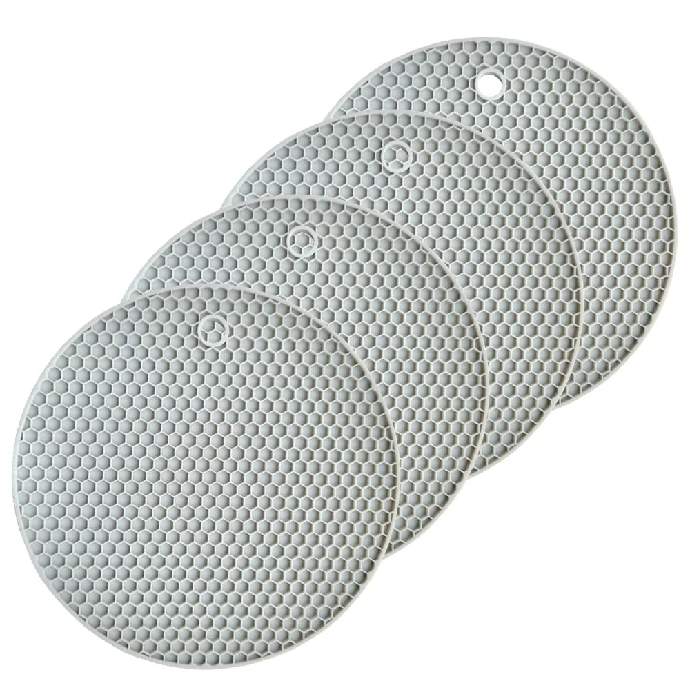 Fako - Pannenonderzetter Hittebestendig - Onderzetter Voor Pannen - Siliconen Mat - Potopener - Ø18cm - Rond - Lichtgrijs - 4 Stuks
