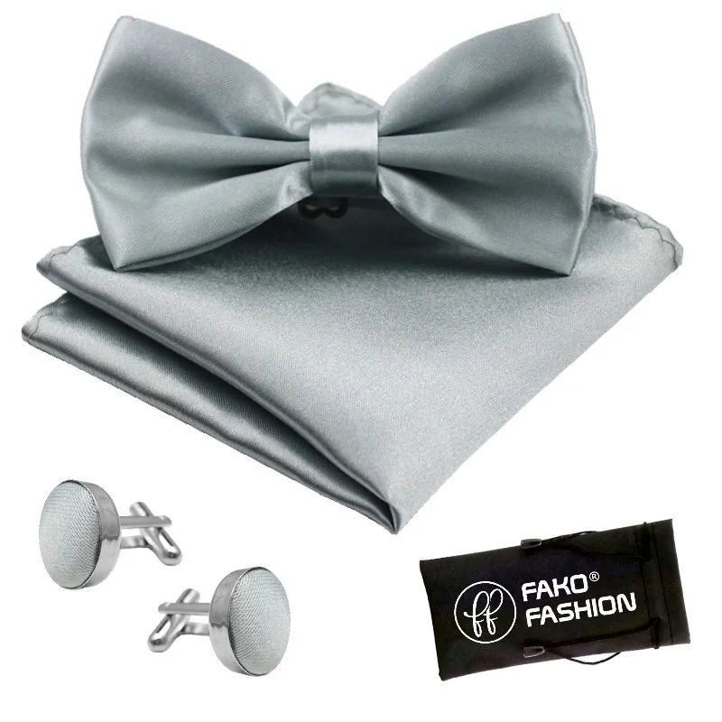 Fako Fashion - Vlinderstrik, Pochette & Manchetknopen - Vlinderdas - Strikje - Pochet - Zilver