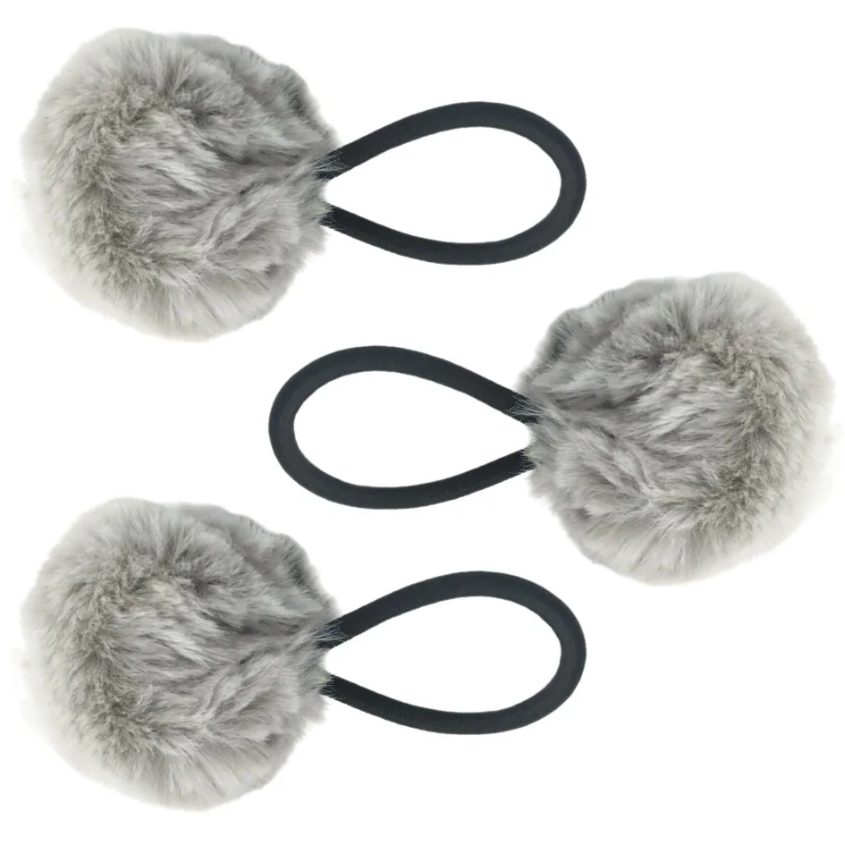Fako Fashion - Haarelastiekjes Met Pompom - Ø 5cm - 4mm Dik - 3 Stuks - Lichtgrijs