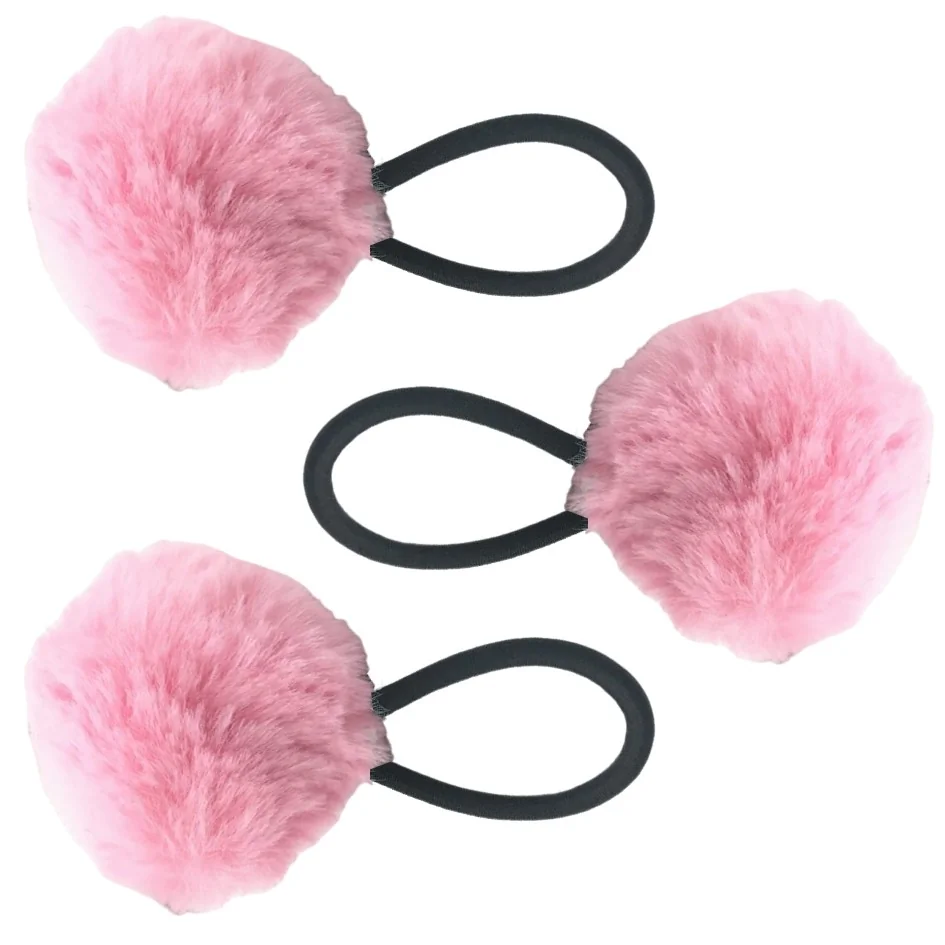 Fako Fashion - Haarelastiekjes Met Pompom - Ø 5cm - 4mm Dik - 3 Stuks - Roze