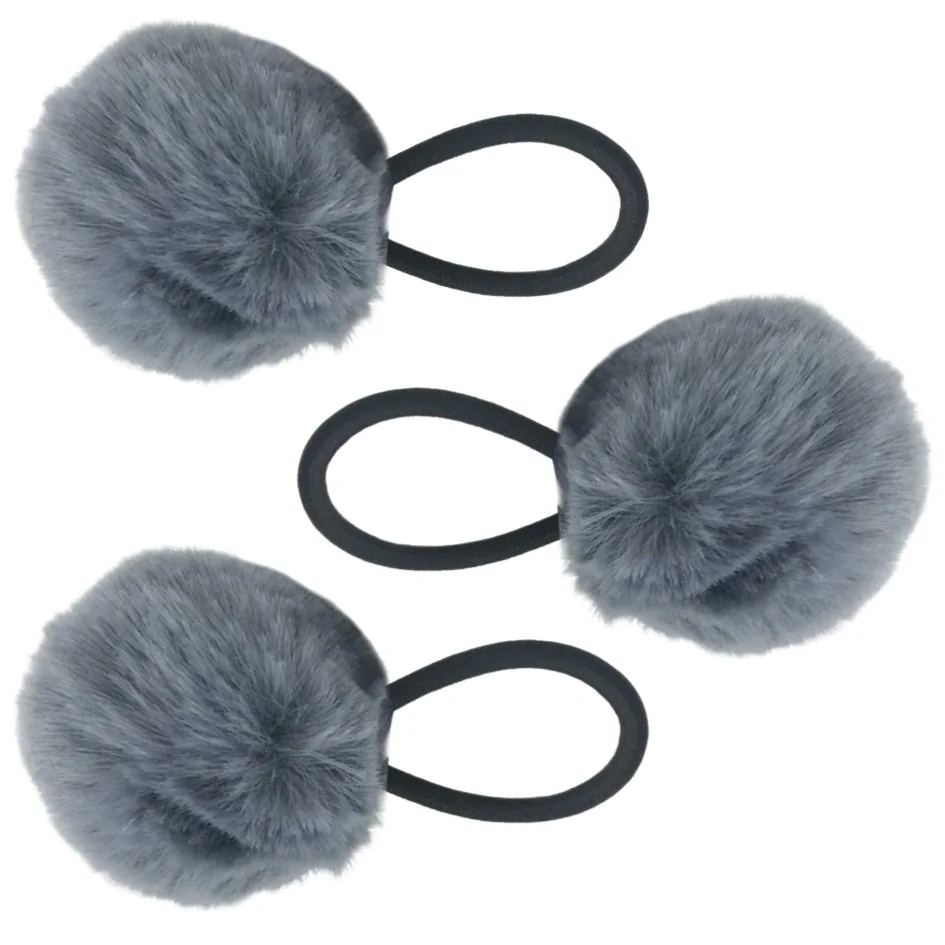 Fako Fashion - Haarelastiekjes Met Pompom - Ø 5cm - 4mm Dik - 3 Stuks - Grijs