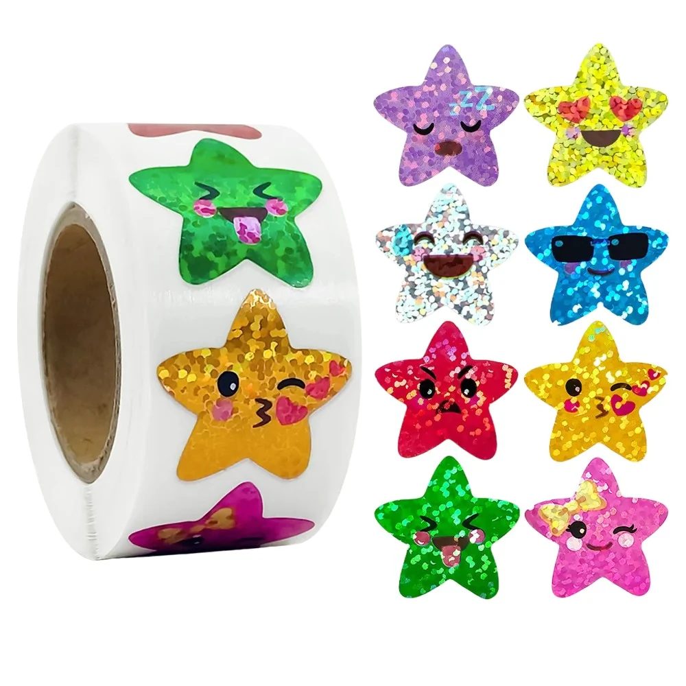 500 Stickers Op Rol - 2.5cm - Ster Emoji Glitter - Beloningsstickers - Stickers Kinderen - Sluitsticker - Sluitzegel - 25mm