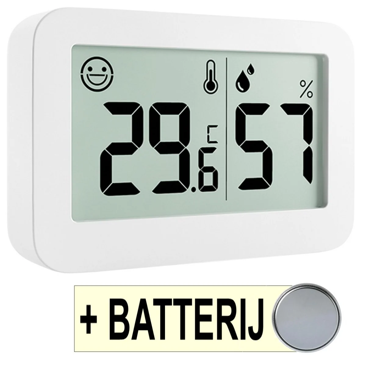 Fako Bijoux - Hygrometer Mini - Weerstation - Luchtvochtigheidsmeter - Thermometer Voor Binnen - 50x34x13mm - Incl. Batterij & Plakstrip - Wit