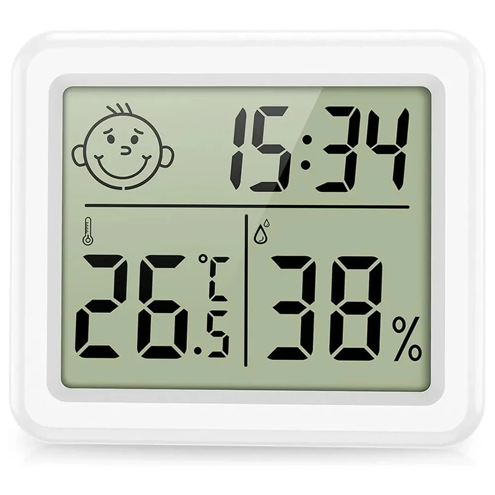 Fako Bijoux - Hygrometer - Weerstation - Luchtvochtigheidsmeter - Thermometer Voor Binnen - Klok - 80x70x10mm - Incl. Batterij & Plakstrip - Wit