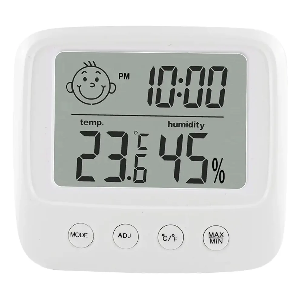 Fako Bijoux - Hygrometer - Weerstation - Luchtvochtigheidsmeter - Thermometer Voor Binnen - Klok - Alarmklok - 86x78x23mm - Incl. Batterijen - Wit