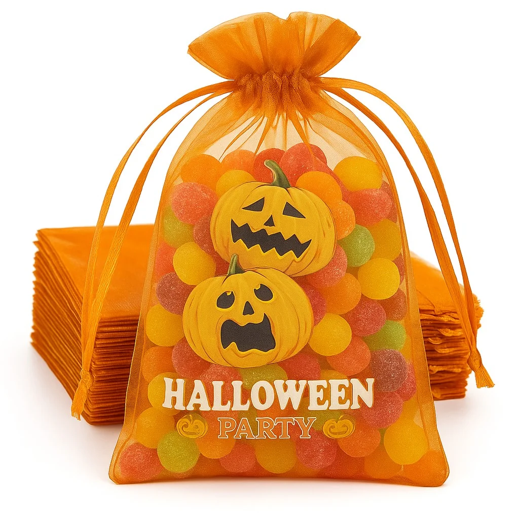Fako Bijoux - Organza Zakjes Met Print - Halloween - Pompoen - 10x15 cm - Oranje - 20 Stuks