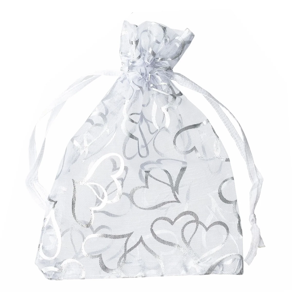 Fako Bijoux - Organza Zakjes - 10x12 cm - Feestzakjes - Snoepzakjes - Cadeauzakjes - Uitdeelzakjes - Sieradenzakjes - Hart Wit - 100 Stuks