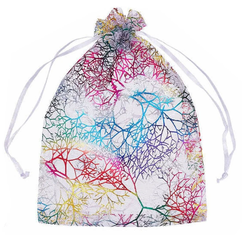 Fako Bijoux - Organza Zakjes - 10x15 cm - Feestzakjes - Snoepzakjes - Cadeauzakjes - Uitdeelzakjes - Sieradenzakjes - Koraal Print Wit - 50 Stuks