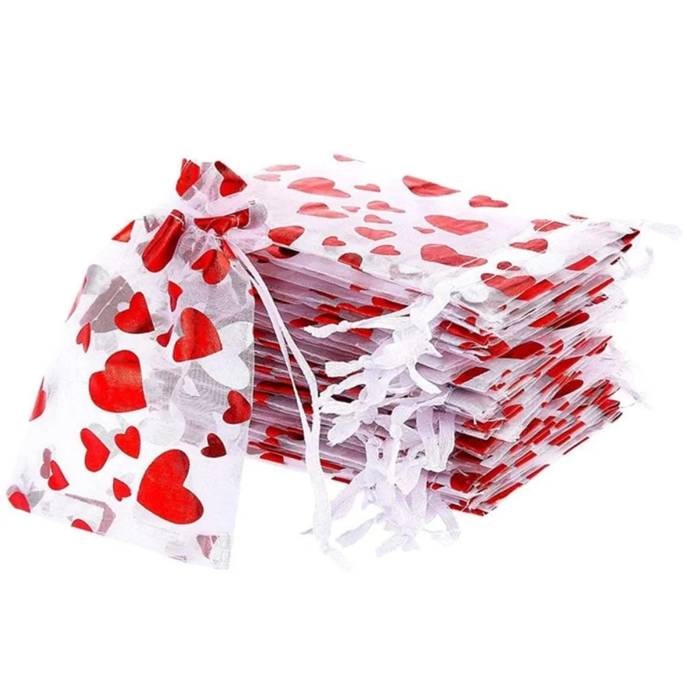 Fako Bijoux - Organza Zakjes - 13x18 cm - Feestzakjes - Snoepzakjes - Cadeauzakjes - Uitdeelzakjes - Sieradenzakjes - Hart Rood Metal - 100 Stuks