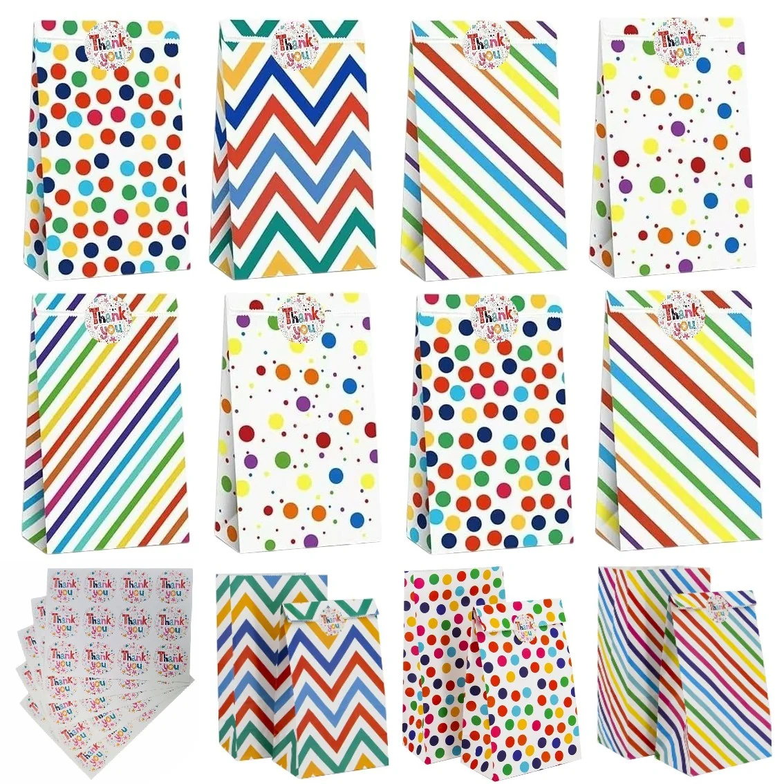 Fako Bijoux - 50 Gekleurde Uitdeelzakjes Party Mix Met Stickers - 13x8x24cm - Stevig Papier - Traktatie Zakjes - Papieren Zakjes - Cadeau Zakjes - Met Blokbodem - Sluitstickers - Party Mix - 50 Stuks