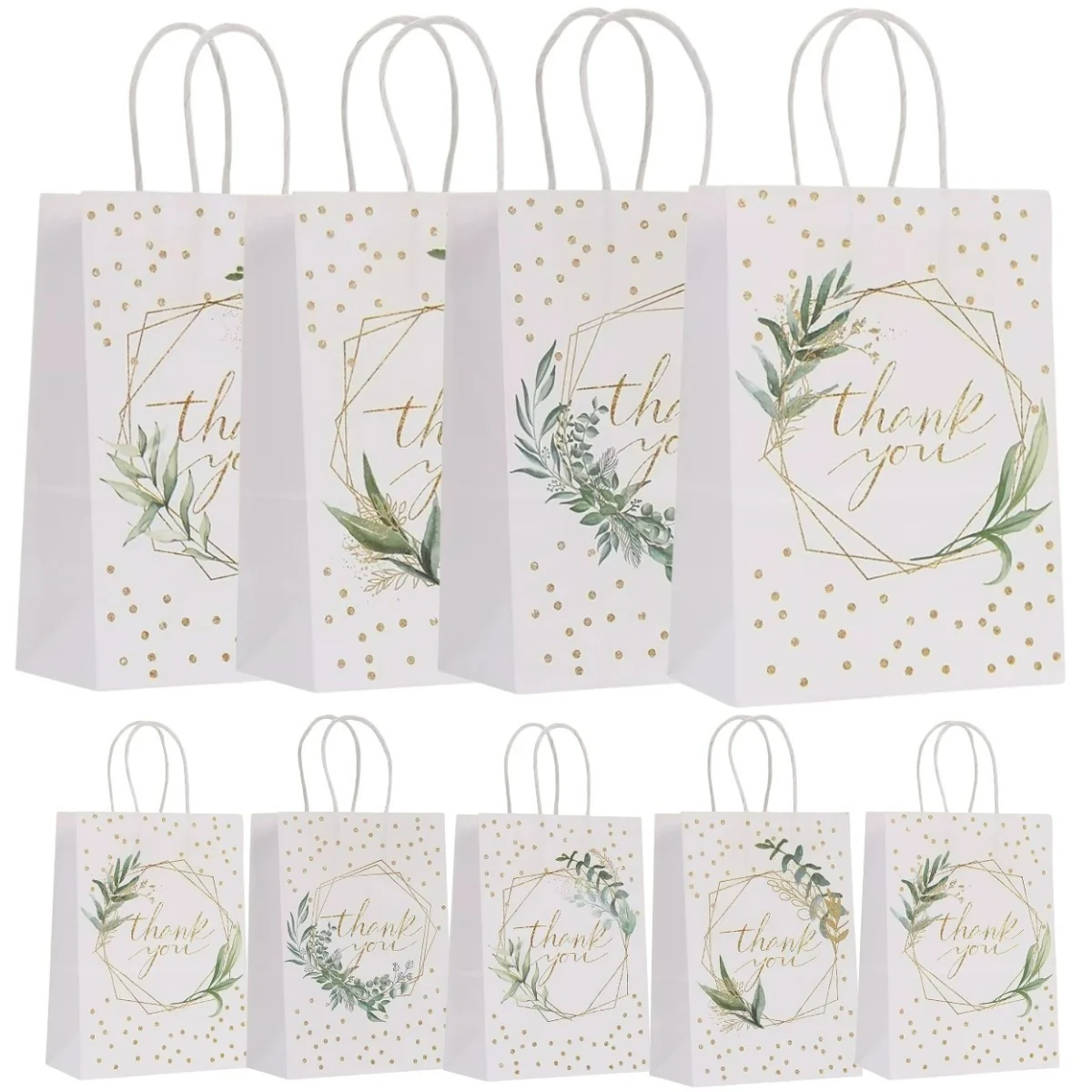 Fako Bijoux - 12 Papieren Uitdeeltasjes Thank You Wit - 15x8x21cm - Stevig Papier - Traktatie Zakjes - Papieren Tasjes - Cadeau Zakjes - Uitdeelzakjes - 4 Verschillende Motieven - Kraftpapier - 12 Stuks