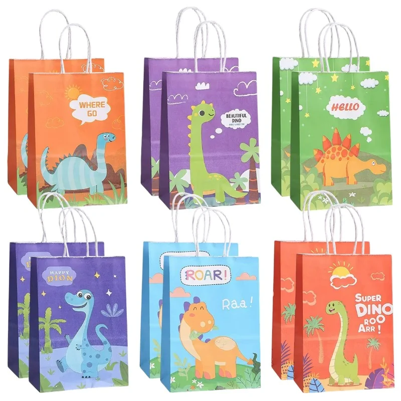 Fako Bijoux - 24 Papieren Uitdeeltasjes Dinosaurus - 15x8x21cm - Stevig Papier - Traktatie Zakjes - Papieren Tasjes - Cadeau Zakjes - Uitdeelzakjes - 6 Verschillende Motieven - Kraftpapier - 24 Stuks