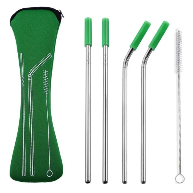 Fako Bijoux - RVS Rietjes - 4 Stuks - 2 x Recht & 2 x Gebogen - 21 cm - 1 Schoonmaakborsteltje - Neopreen Etui - Groen