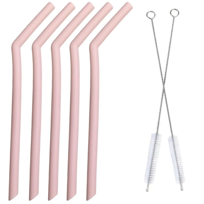Fako Bijoux - Siliconen Rietjes Set - 5 Herbruikbare Rietjes - 25 cm - 11 mm - Duurzaam en Hygiënisch - 2 Schoonmaakborstels - Gebogen - Roze