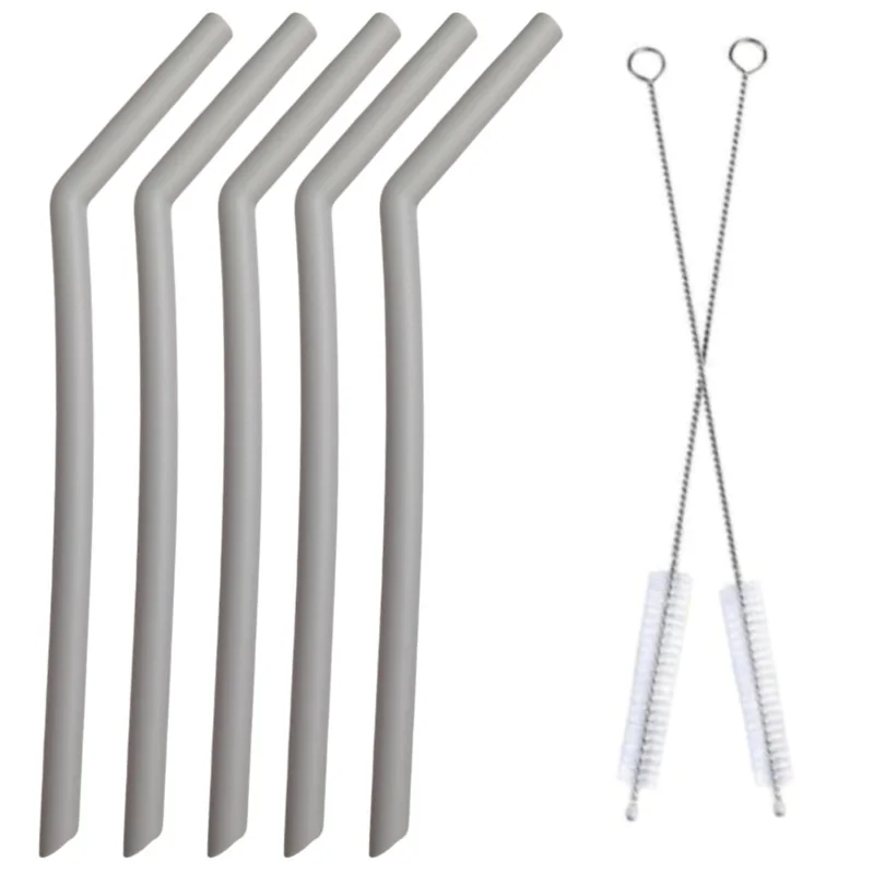 Fako Bijoux - Siliconen Rietjes Set - 5 Herbruikbare Rietjes - 25 cm - 11 mm - Duurzaam en Hygiënisch - 2 Schoonmaakborstels - Gebogen - Grijs