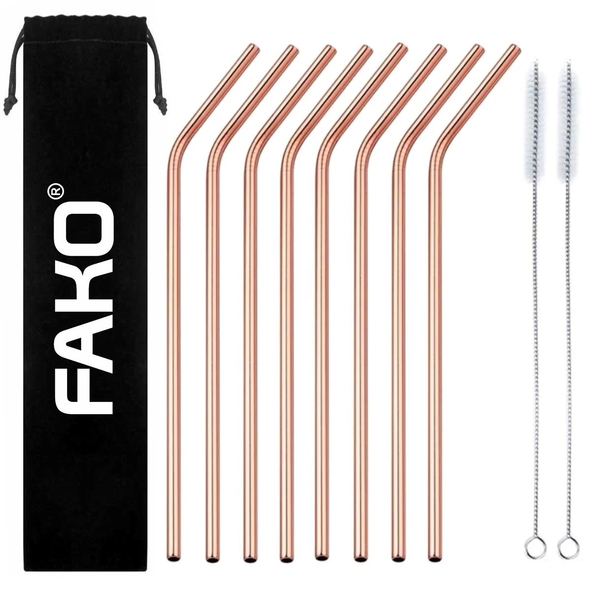 Fako Bijoux - RVS Rietjes - 8 Stuks - Gebogen - 21 cm - 2 Schoonmaakborsteltjes - Rosé Goudkleurig