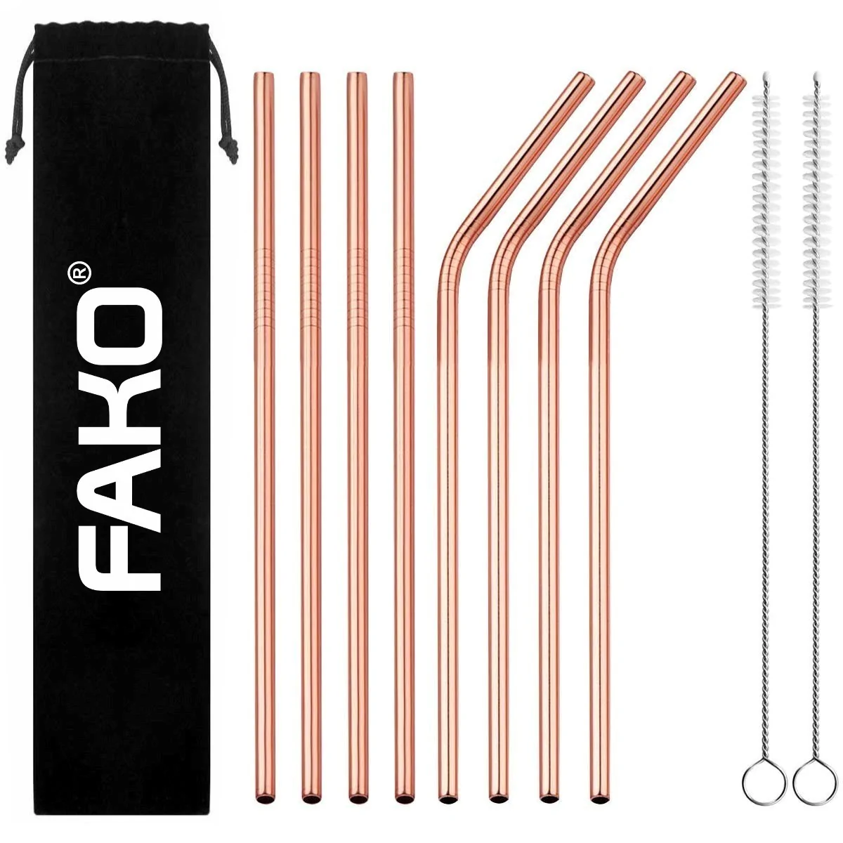 Fako Bijoux - RVS Rietjes - 8 Stuks - Recht & Gebogen - 21 cm - 2 Schoonmaakborsteltjes - Rosé Goudkleurig