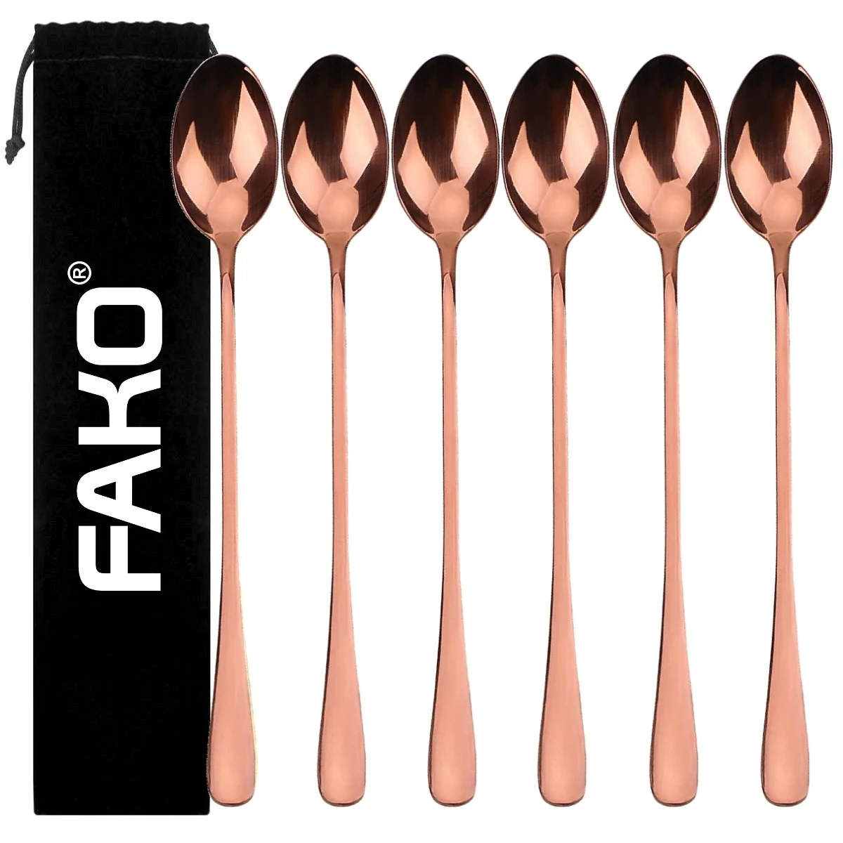Fako Bijoux - 6 Lange Lepels - Latte Macchiato - Longdrink - Cocktail - Dessert - IJs - Koffie - Rosé Goud - 6 Stuks - Bewaarzakje