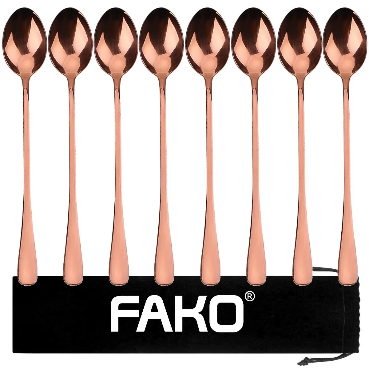 Fako Bijoux - 8 Lange Lepels - Latte Macchiato - Longdrink - Cocktail - Dessert - IJs - Koffie - Rosé Goud - 8 Stuks - Bewaarzakje