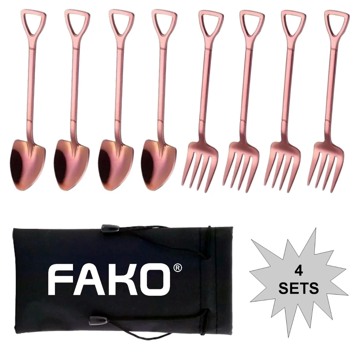 Fako Bijoux - Gebak Bestek - Dessert Bestek - Schep & Hark - Rosé Goud - 4 Sets
