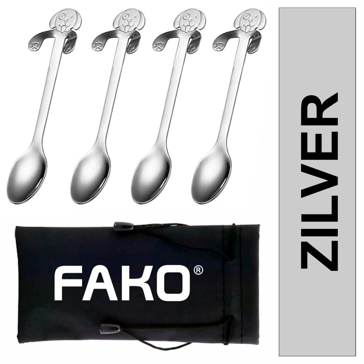 Fako Bijoux - Theelepel / Koffielepel Hangende Hond - Zilver - 4 Stuks