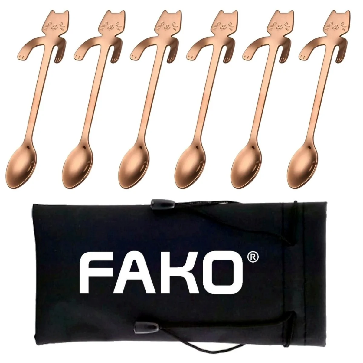 Fako Bijoux - 6x Theelepel / Koffielepel Hangende Kat - Rosé Goud - 6 Stuks