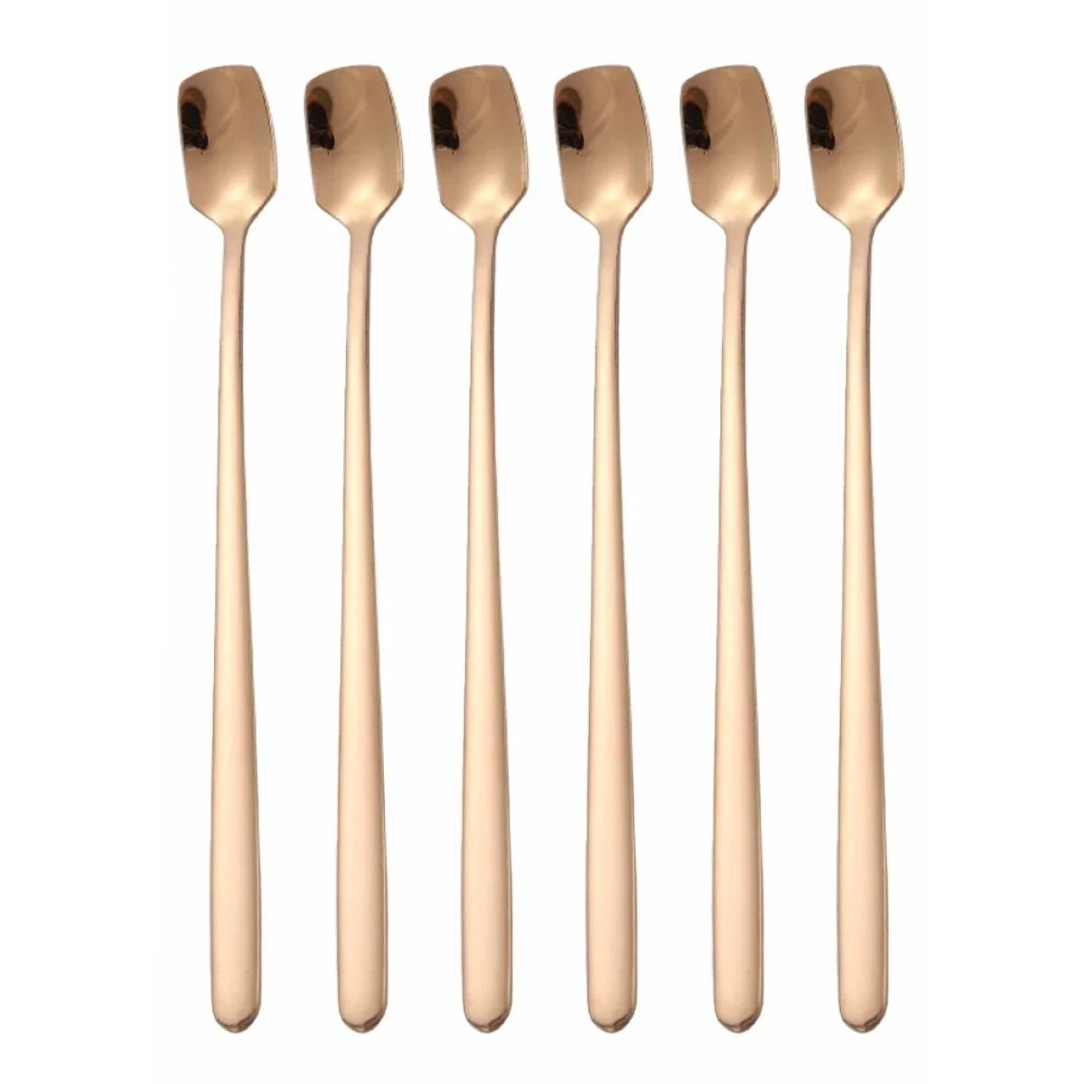 Fako Bijoux - 6 Lange IJslepels - Vierkante Mini IJslepels - Dessertlepels - Sorbetlepels - Koffielepels - Rosé Goudkleurig - 6 Stuks