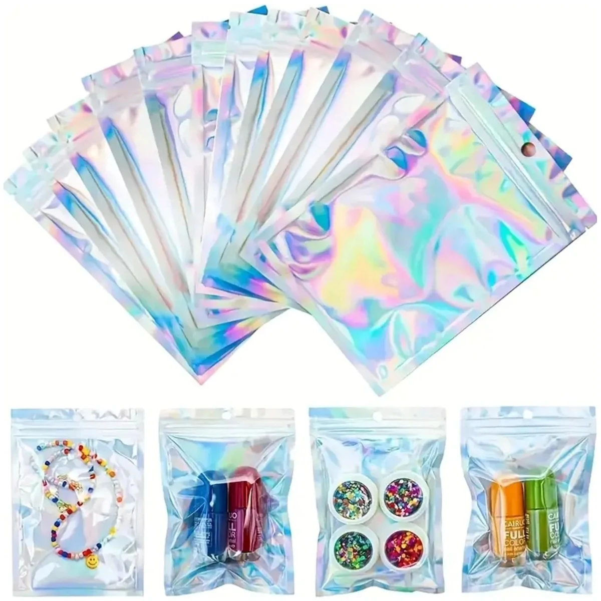 Fako Bijoux - Holografische Folie Zip Lock Zakjes Met Gat - Mylar Zakken - 10.5x15cm - Uitdeelzakjes - Transparant - Snoepzakjes - Cadeauzakjes - 100 Stuks