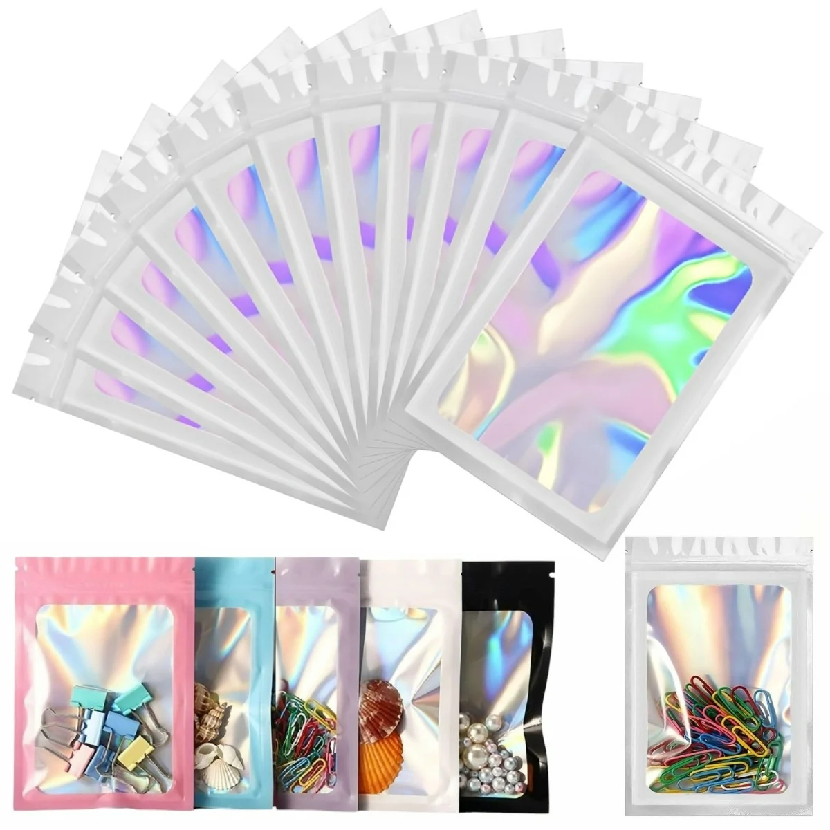 Fako Bijoux - Witte Holografische Folie Zip Lock Zakjes - Mylar Zakken - 10.5x15cm - Uitdeelzakjes - Transparant - Snoepzakjes - Cadeauzakjes - 100 Stuks