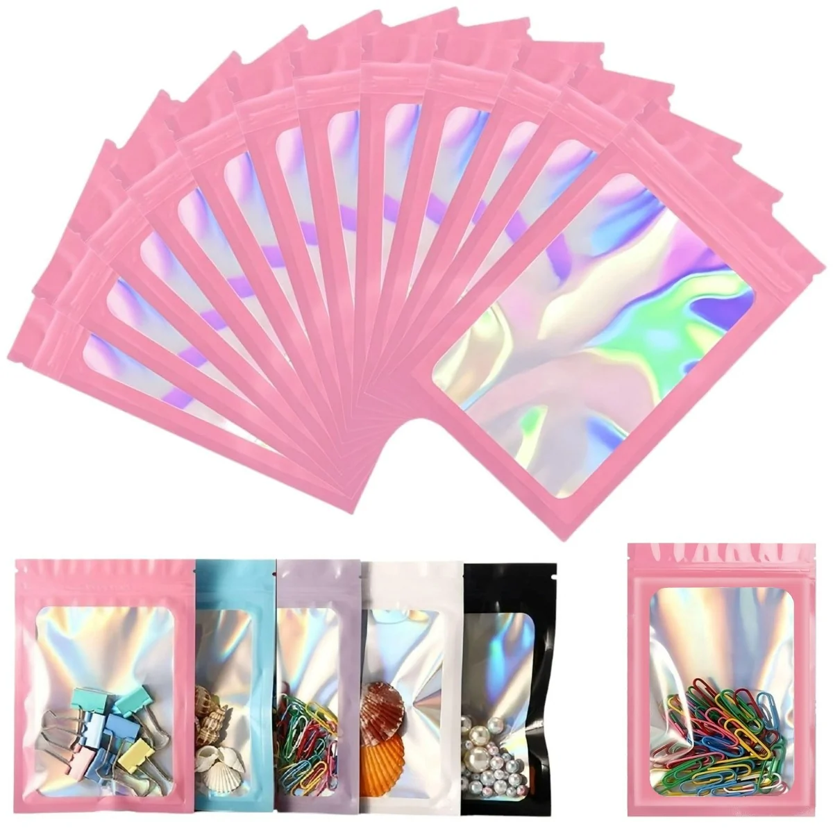 Fako Bijoux - Roze Holografische Folie Zip Lock Zakjes - Mylar Zakken - 8x13cm - Uitdeelzakjes - Transparant - Snoepzakjes - Cadeauzakjes - 100 Stuks