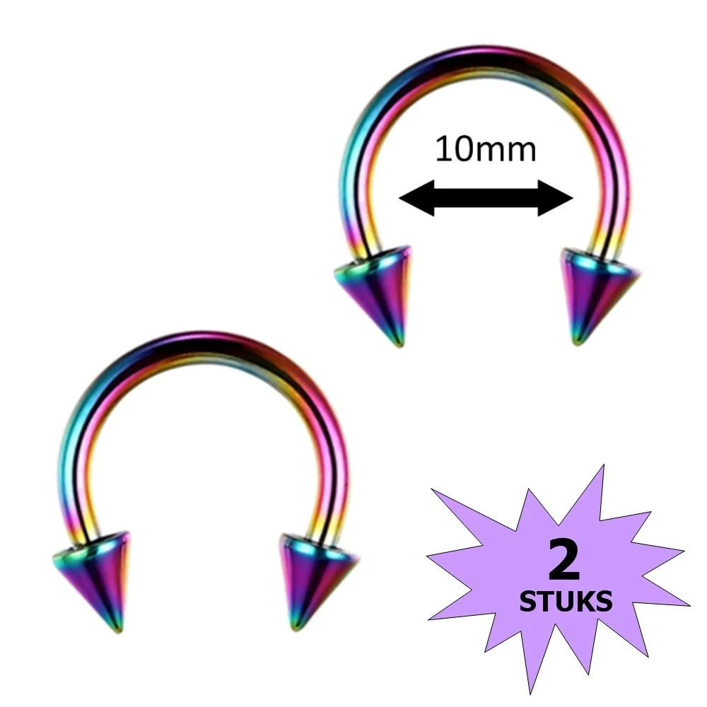 Fako Bijoux - Circular Barbell Piercing - Hoefijzer Spike - 10mm - Multicolour - 2 Stuks