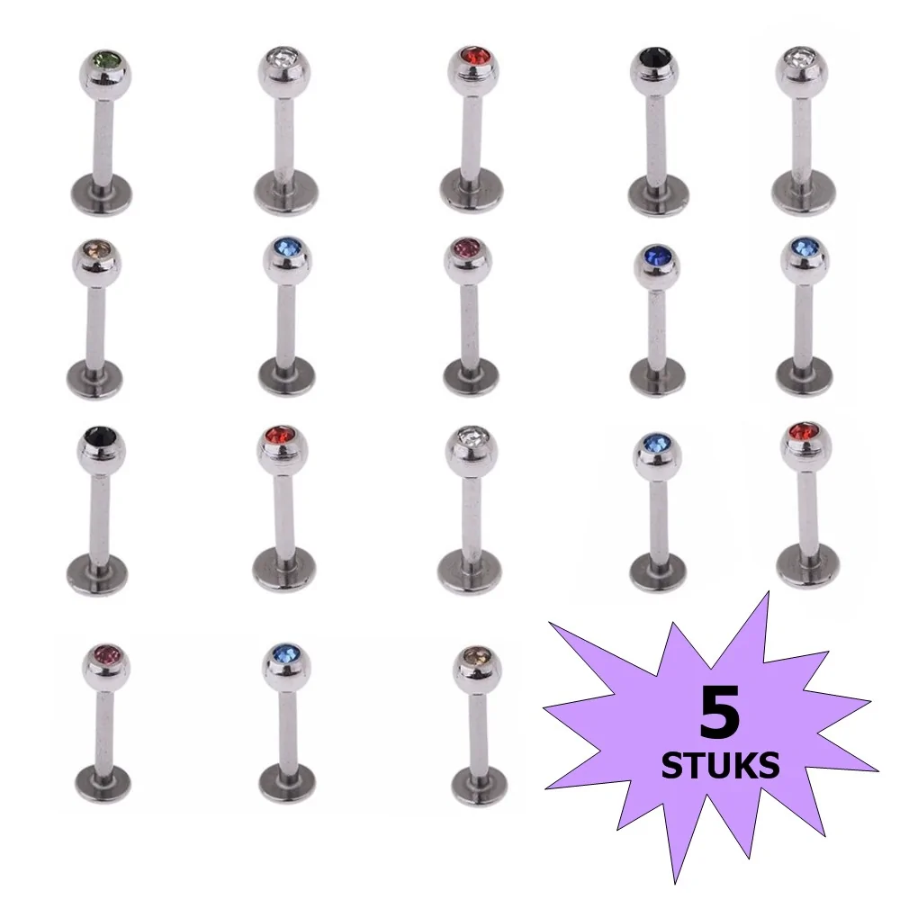 Fako Bijoux - Labret Piercing - Kristal - 3mm - Set - 5 Stuks
