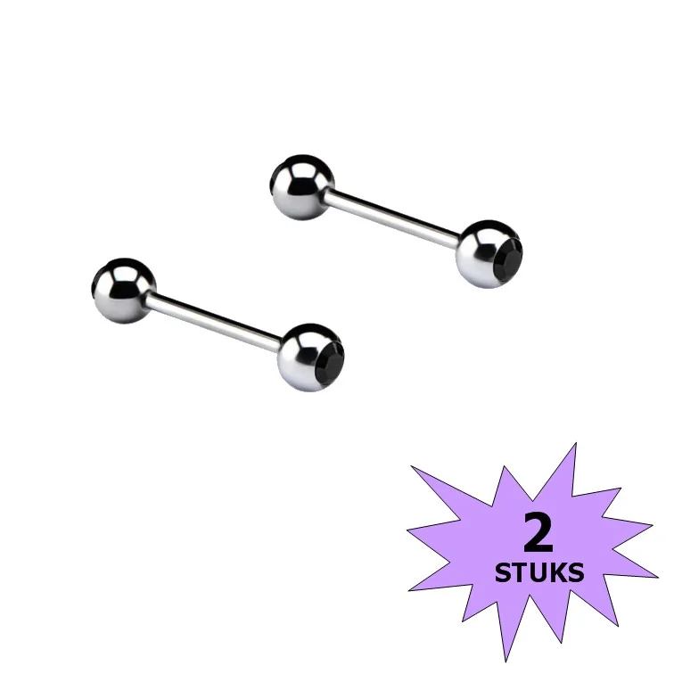 Fako Bijoux - Barbell Piercing - Kristal - 12mm - Zwart - 2 Stuks