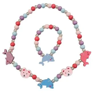 Fako Bijoux - Kinderketting en Armband - Hout - Dolfijntjes & Beertjes