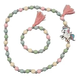Fako Bijoux - Kinderketting en Armband - Hout - Eenhoorn Kwastjes