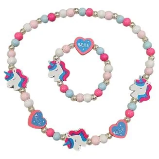 Fako Bijoux - Kinderketting en Armband - Hout - Eenhoorn & Hartjes Magical