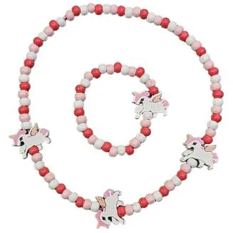 Fako Bijoux - Kinderketting en Armband - Hout - Eenhoorn Roze/Wit