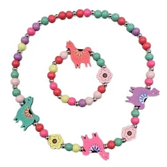 Fako Bijoux - Kinderketting en Armband - Hout - Drie Lama's & Bloemetjes 
